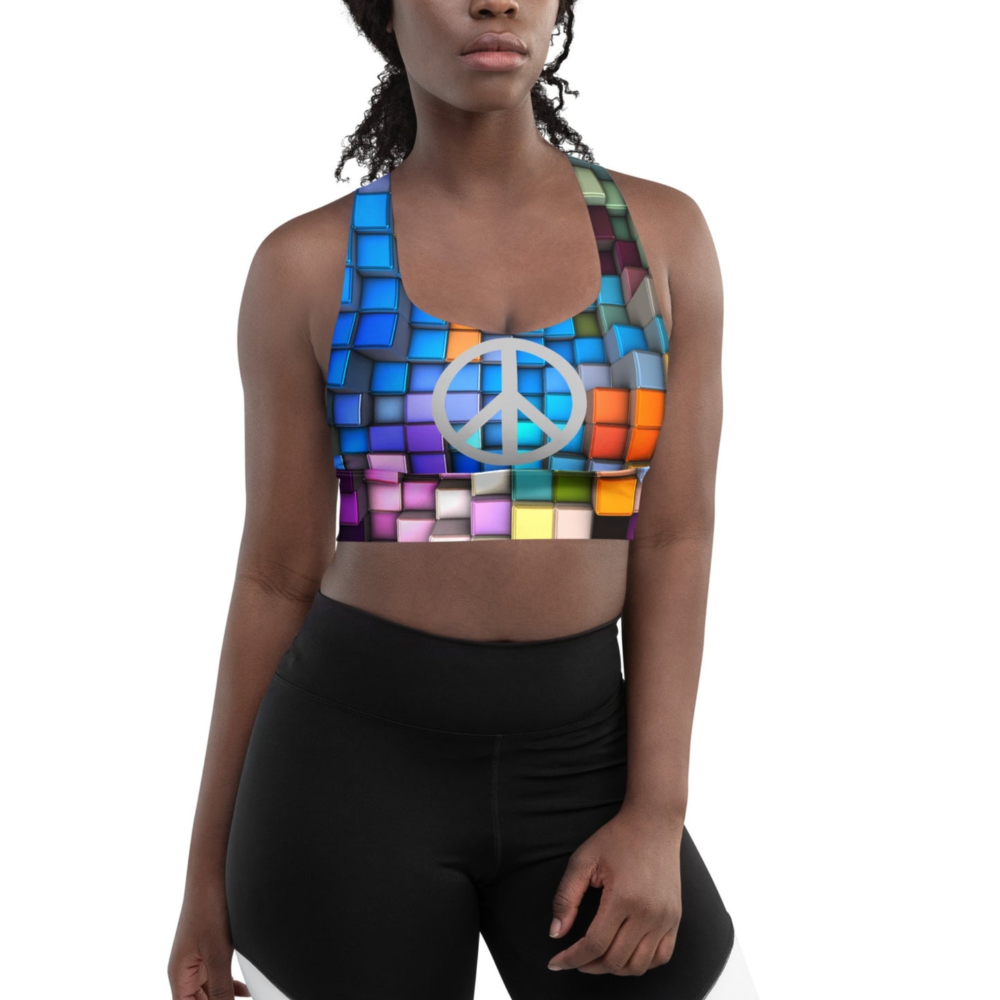 Colorful Mirror Ball Peace Sign Longline Sports Bra