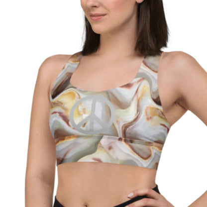 Trippy Gold Peace Sign Longline Sports Bra